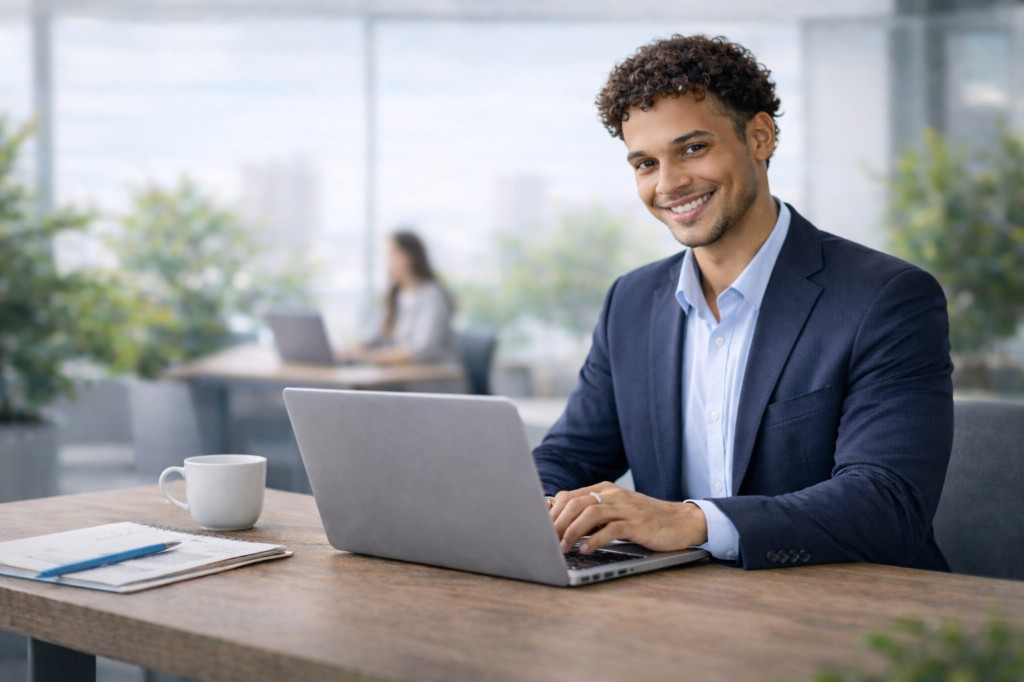 Profissional sorridente com blazer azul-marinho e camisa clara a trabalhar com portátil num escritório luminoso — Nexus Academy