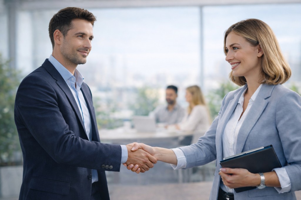 Parceria profissional — aperto de mãos em escritório moderno, Nexus Partners